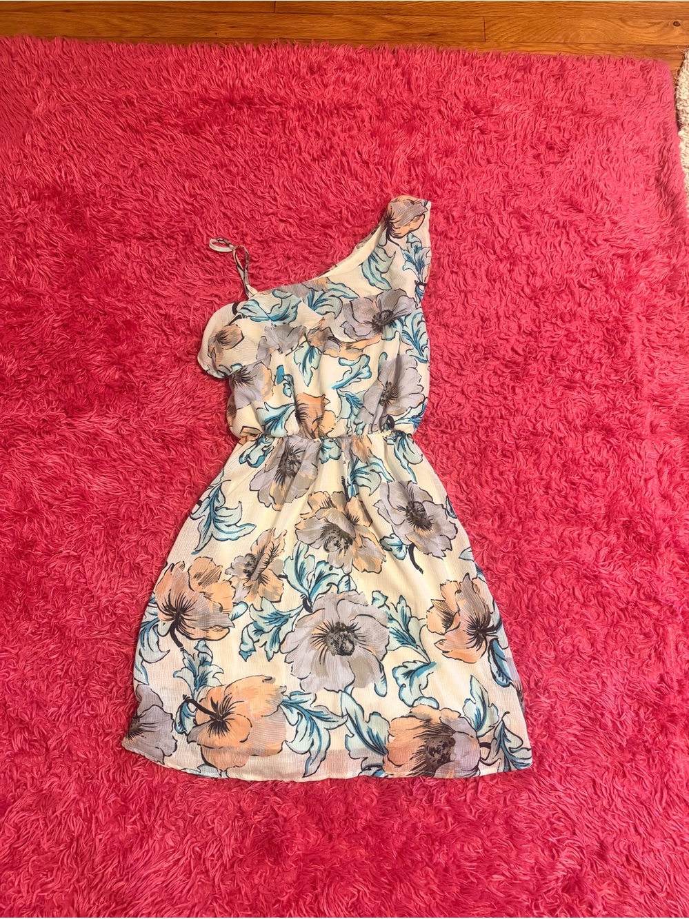 Monteau Cream Floral One-Shoulder Dress with Peach & Teal Accents